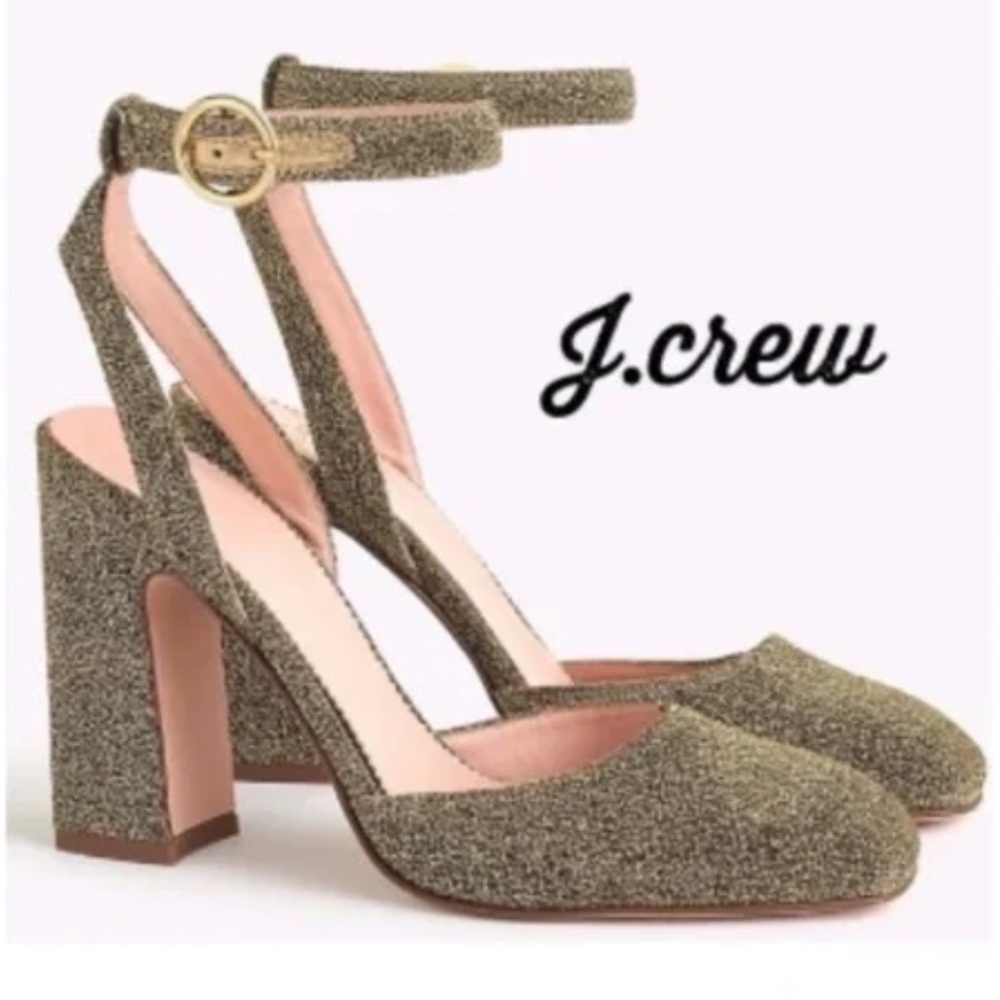 J. Crew Harlow Ankle Strap Gold Glitter Heels NWOB Made in Italy Leather Bottoms
